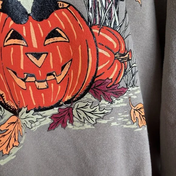 Vintage Halloween Sweatshirt Women’s Large Black Cat Pumpkin Scarecrow 80/90s - Picture 5 of 16